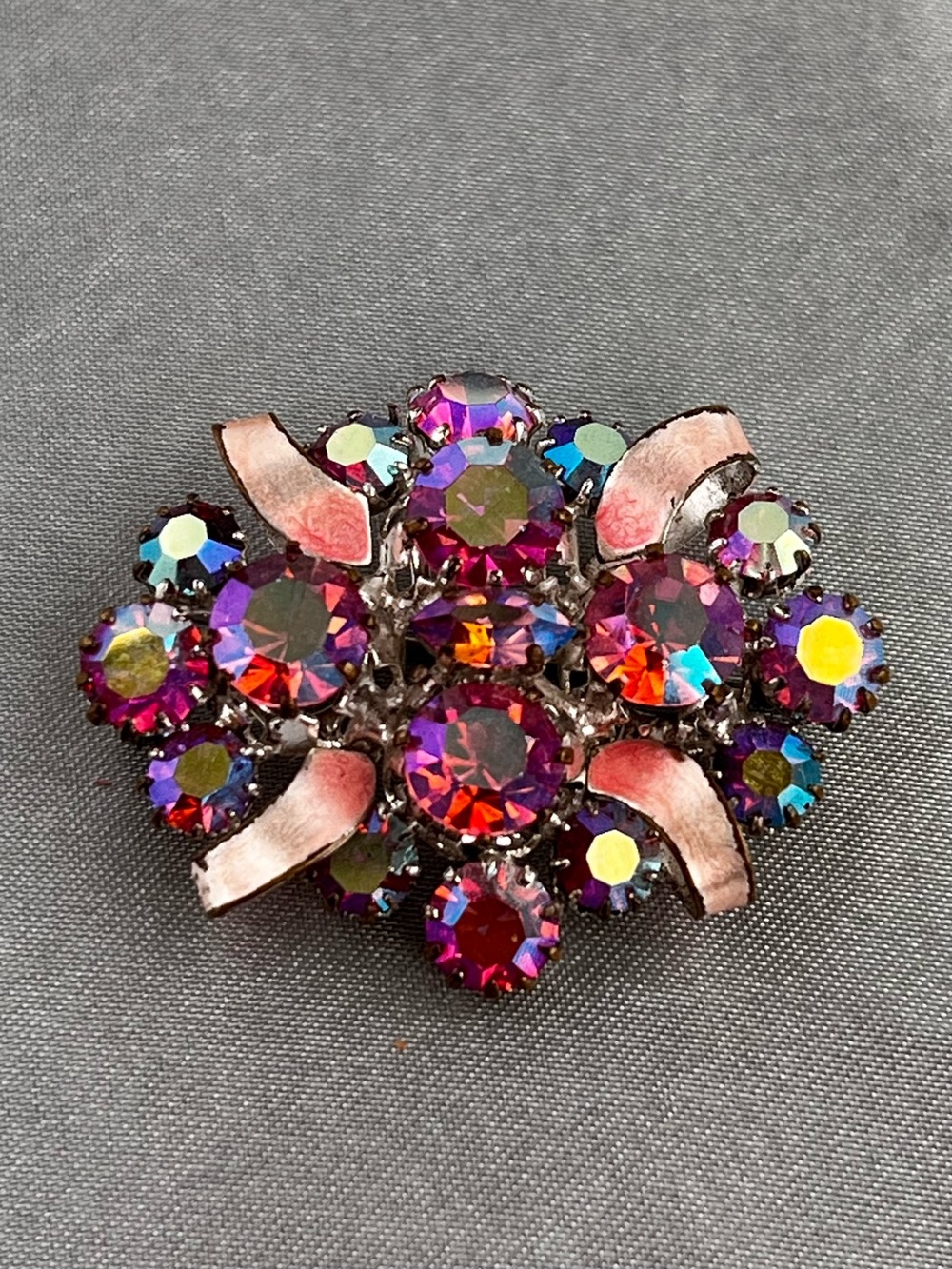 Vintage Mid-Century Aurora Borealis Rhinestone & Pink Enamel Ribbon Brooch